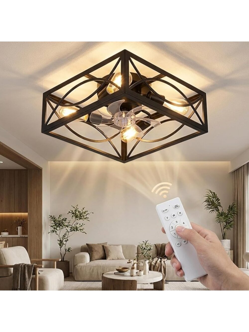 Stylish 16-Inch Caged Ceiling Fan with Lights | Modern Flush Mount Design